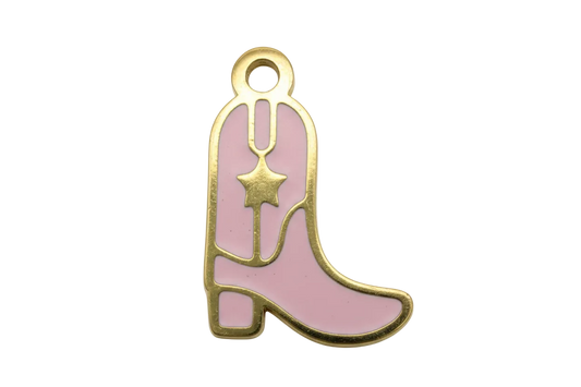 Pink cowboy boot charm with glossy enamel fill and gold outline