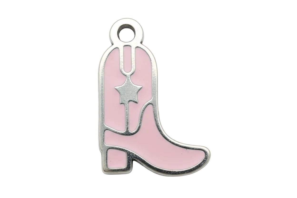 Pink enamel cowboy boot with silver outline and star detail