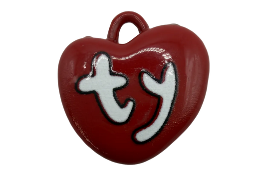 Glossy red heart charm with white “ty” lettering outlined in black