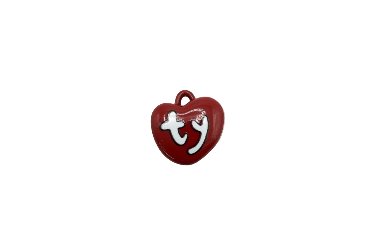 Red heart with white “ty” lettering and black outline