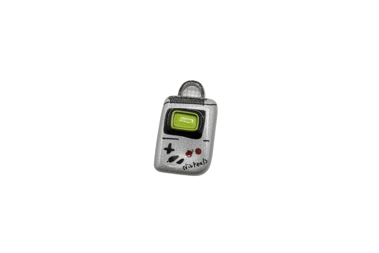 Silver handheld game console with green screen and red buttons