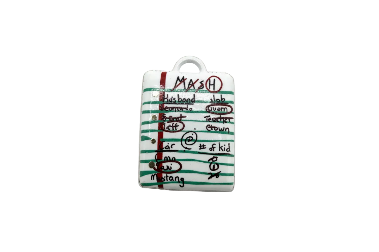 Lined notebook page charm with green stripes and handwritten doodles