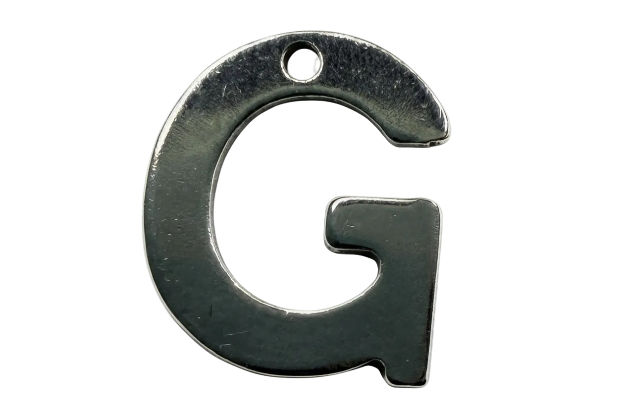 Bold block letter G pendant in dark silver metal with brushed finish
