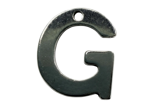 Bold block letter G pendant in dark silver metal with brushed finish