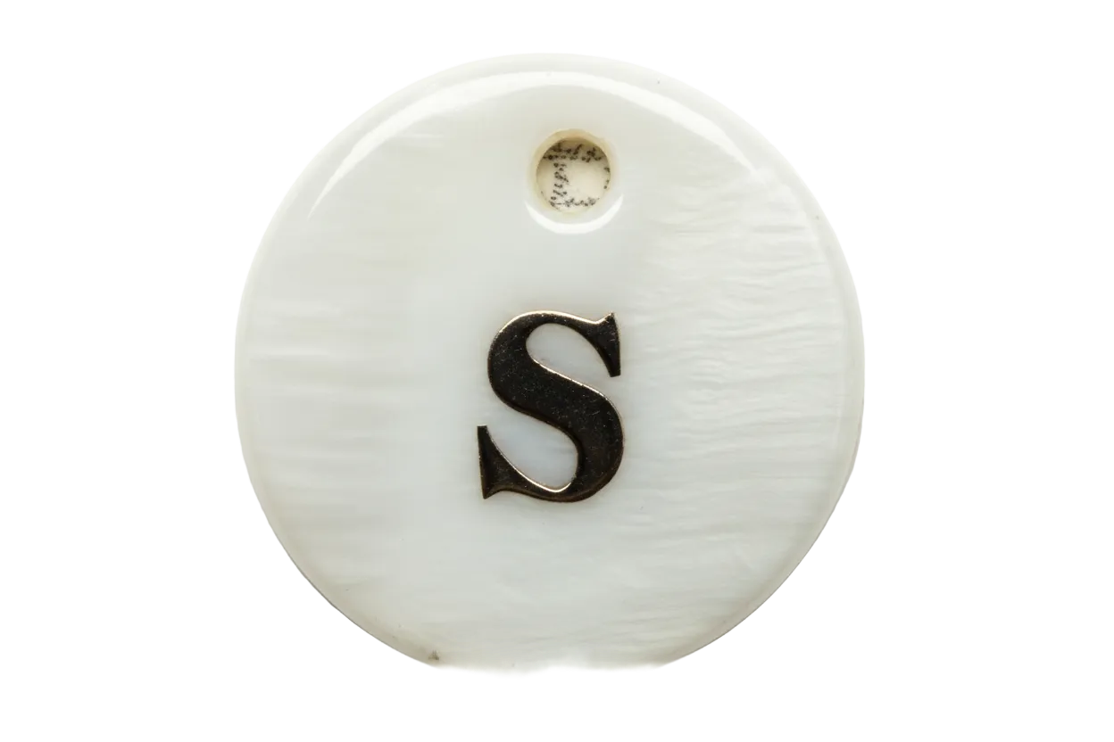 White round disc charm with polished gold letter S on an iridescent surface