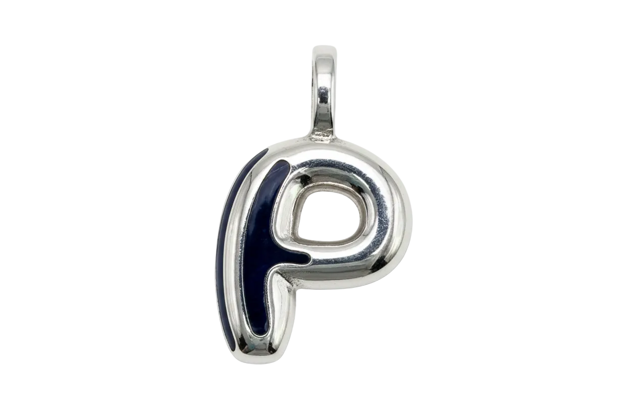Polished silver letter P initial pendant with mirror-like finish