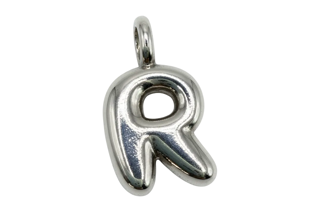 High-polish silver puffy letter R initial with a rounded bubble silhouette