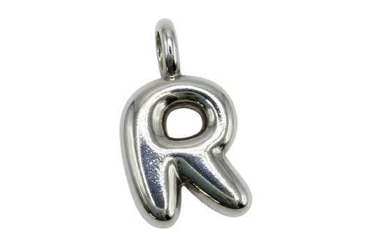 High-polish silver puffy letter R initial with a rounded bubble silhouette