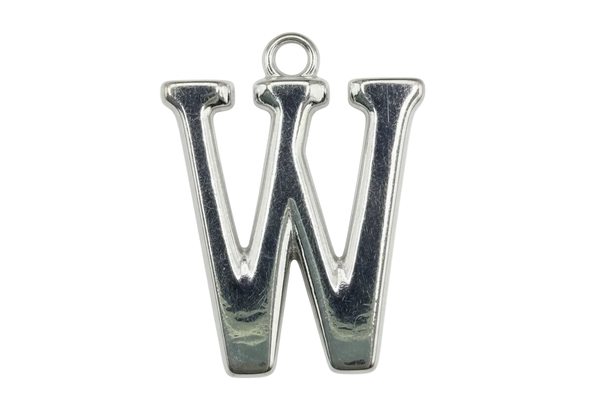 Mirror-polished silver letter W initial charm with sculpted 3D contours