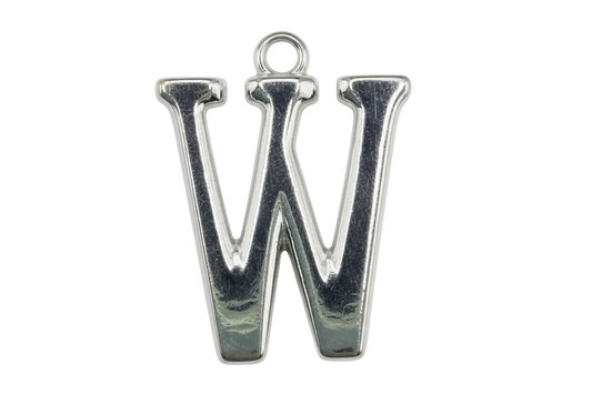 Mirror-polished silver letter W initial charm with sculpted 3D contours