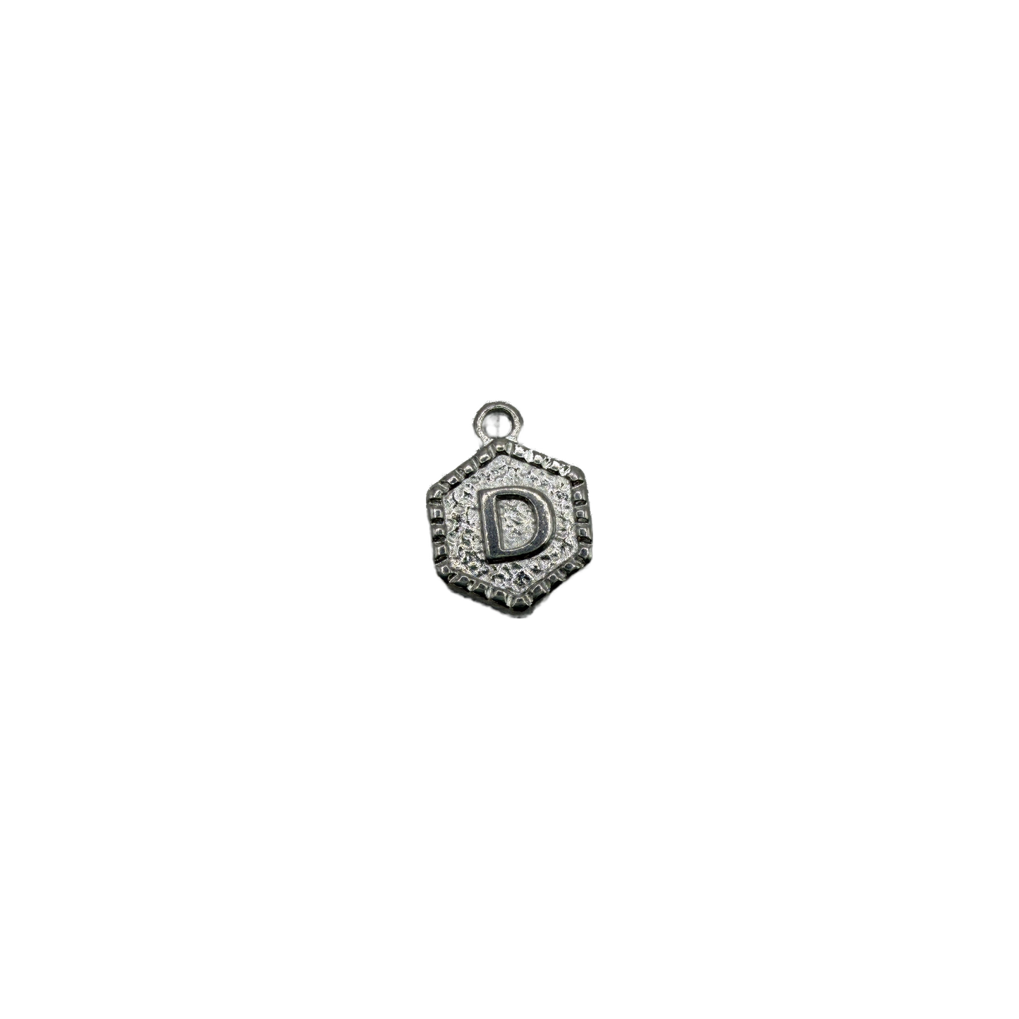 Silver hexagon medallion with raised letter D