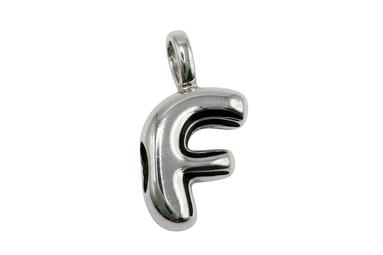 Mirror-polished silver letter F initial charm with rounded, puffy silhouette