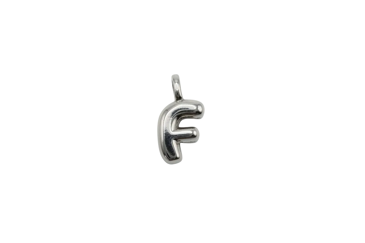 Polished silver letter F initial with rounded silhouette