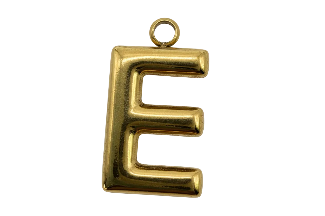 High-polish gold block letter E charm with rounded edges on black background