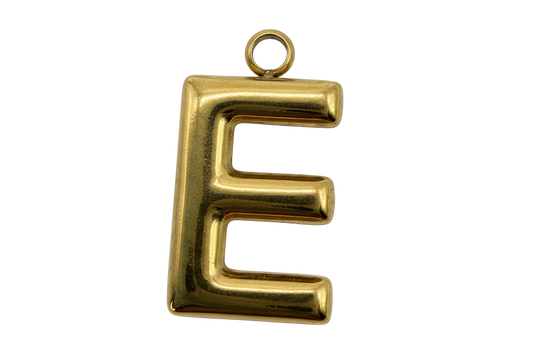 High-polish gold block letter E charm with rounded edges on black background