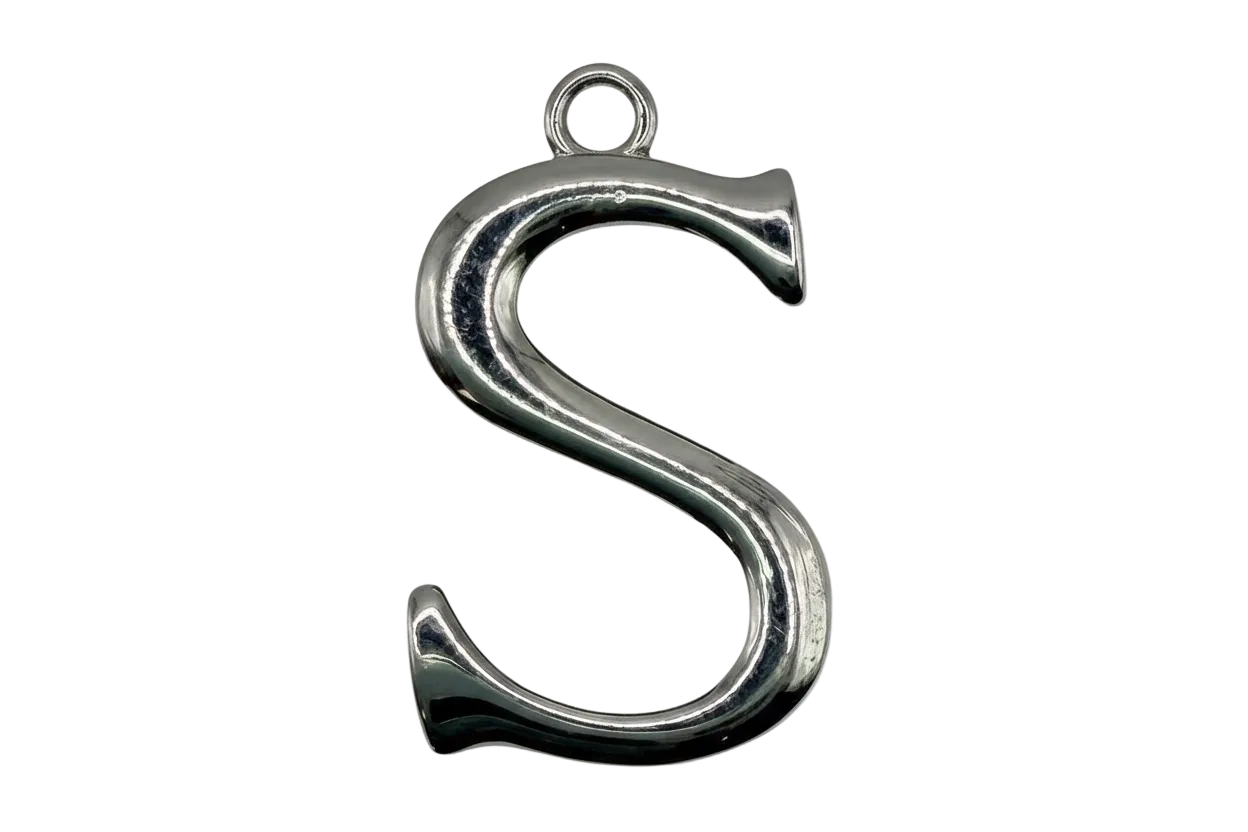Polished silver letter S initial pendant with rounded edges on black background
