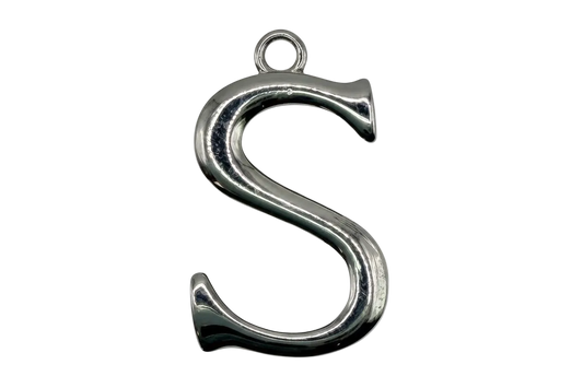 Polished silver letter S initial pendant with rounded edges on black background