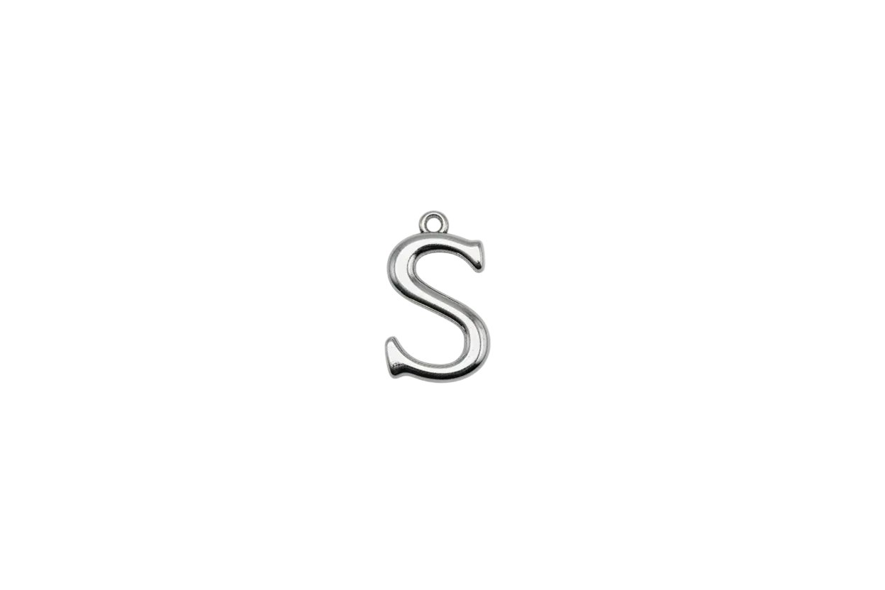 Polished silver letter S initial pendant on black