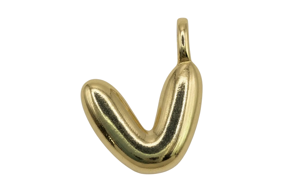 High-polish gold puffed letter J initial with rounded balloon-like shape