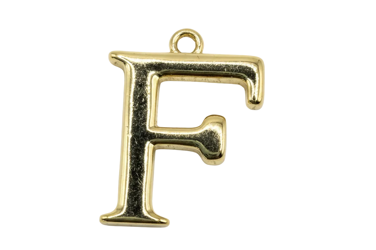 Polished gold letter F initial pendant with serif styling on black background