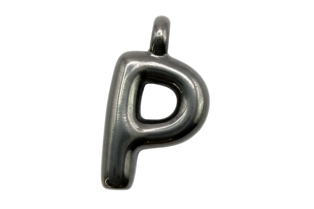 Polished silver lowercase letter P pendant with rounded, puffy silhouette