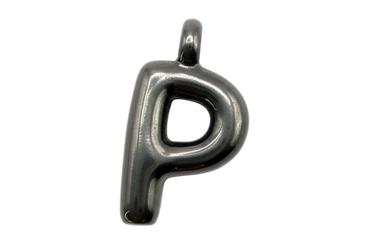 Polished silver lowercase letter P pendant with rounded, puffy silhouette