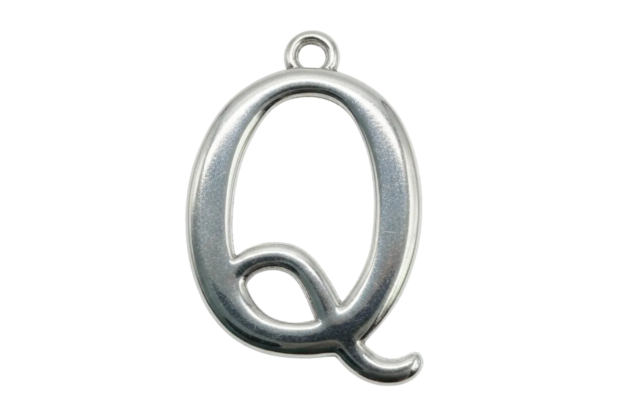 Polished silver script letter Q charm on black background
