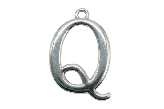 Polished silver script letter Q charm on black background