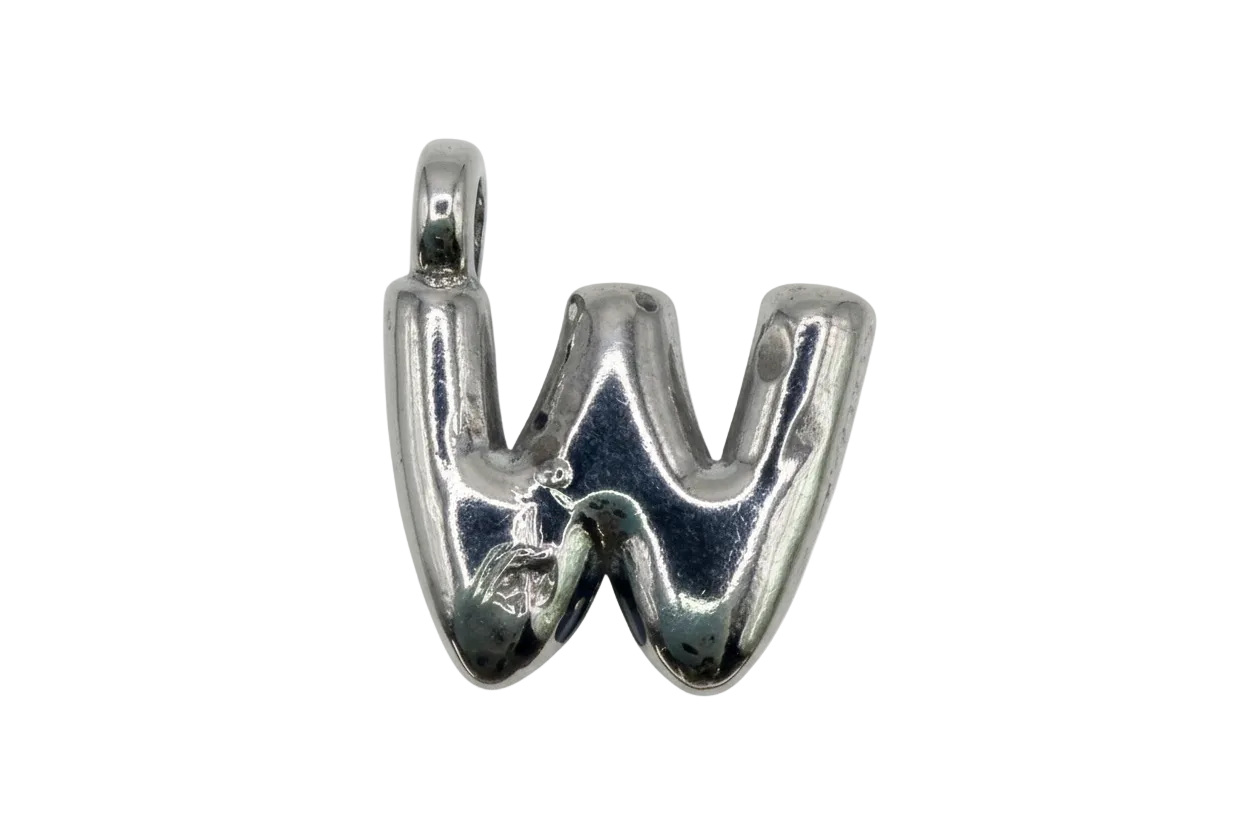 High-polish silver letter W initial charm with smooth rounded edges on a black background