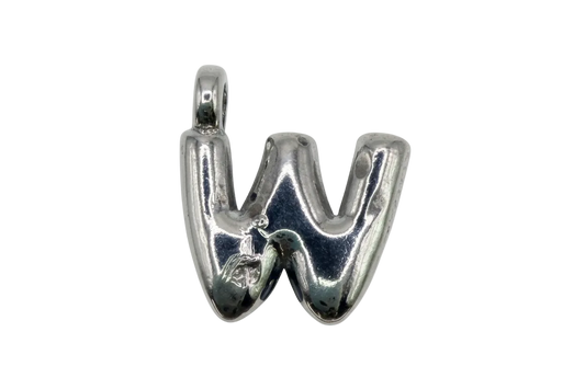 High-polish silver letter W initial charm with smooth rounded edges on a black background