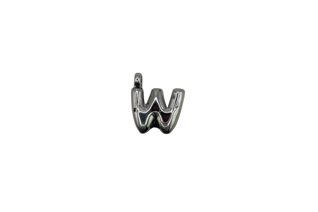 Polished silver letter W initial charm on black