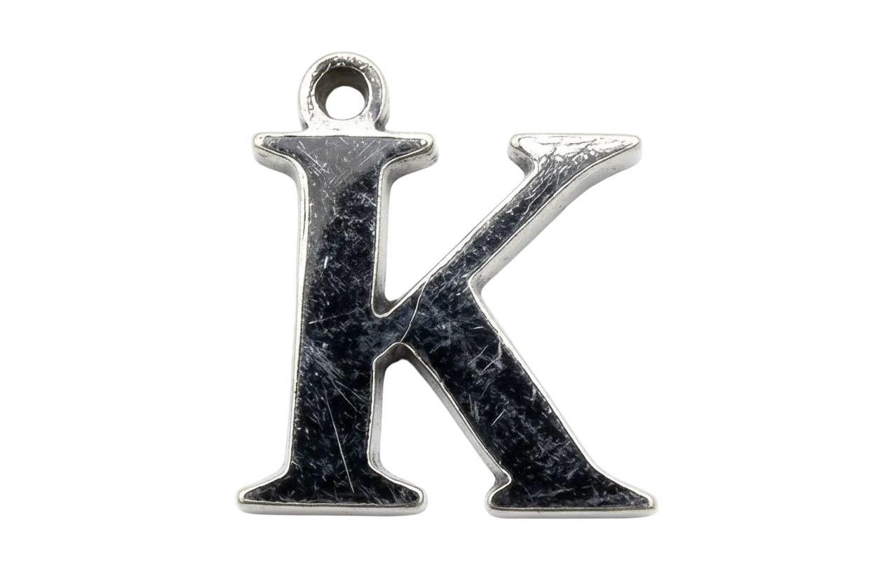 Polished silver letter K initial pendant with sculpted edges