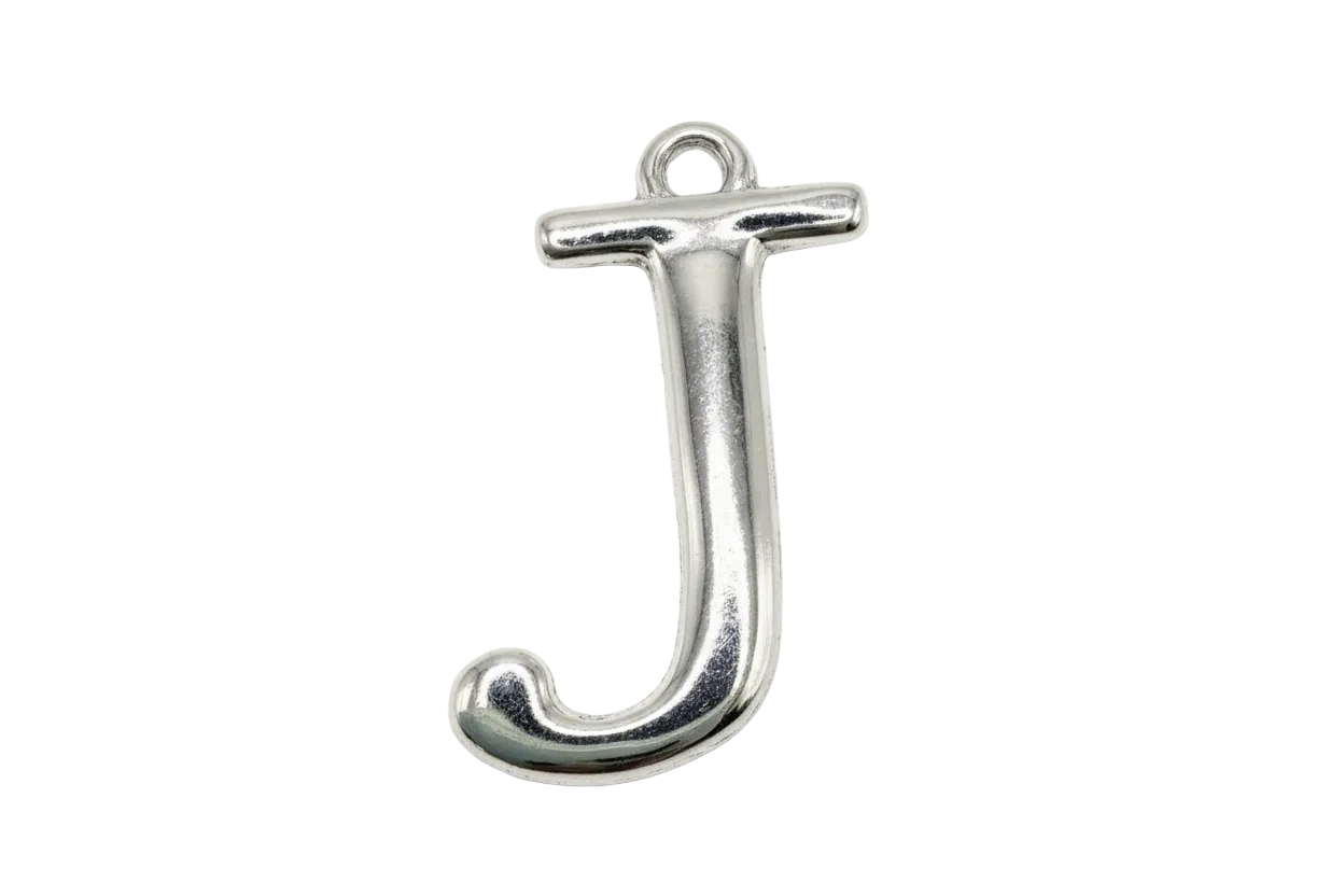 High-polish silver letter J initial charm on a black background