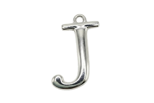 High-polish silver letter J initial charm on a black background