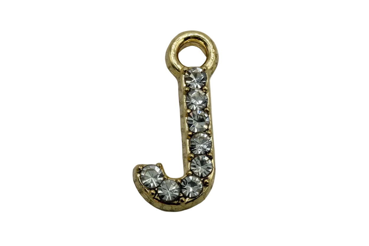 Gold initial J pendant with clear faceted crystals