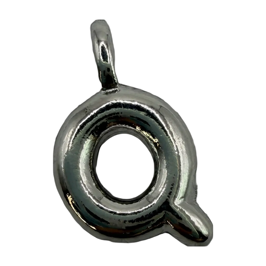 Polished silver letter Q charm with smooth rounded edges and a high-shine finish