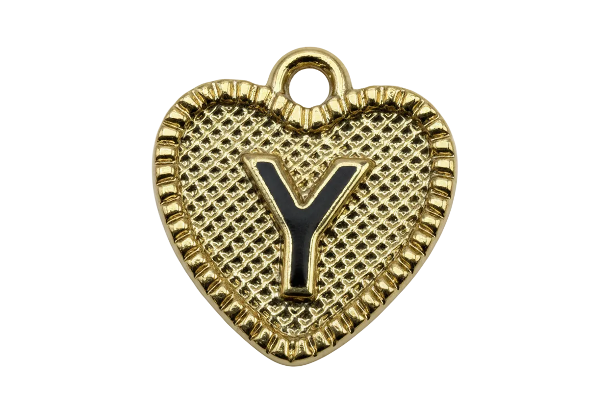 Gold textured heart with raised letter Y initial and scalloped border