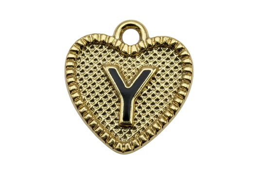 Gold textured heart with raised letter Y initial and scalloped border