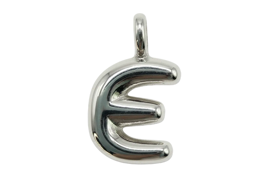 High-polish silver puffy letter E pendant with rounded bubble shape