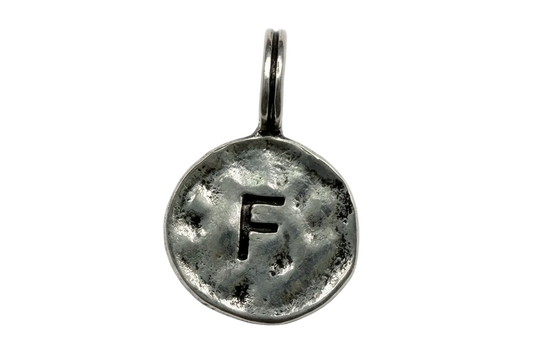 Antiqued silver round coin disc with hammered texture and letter F cutout