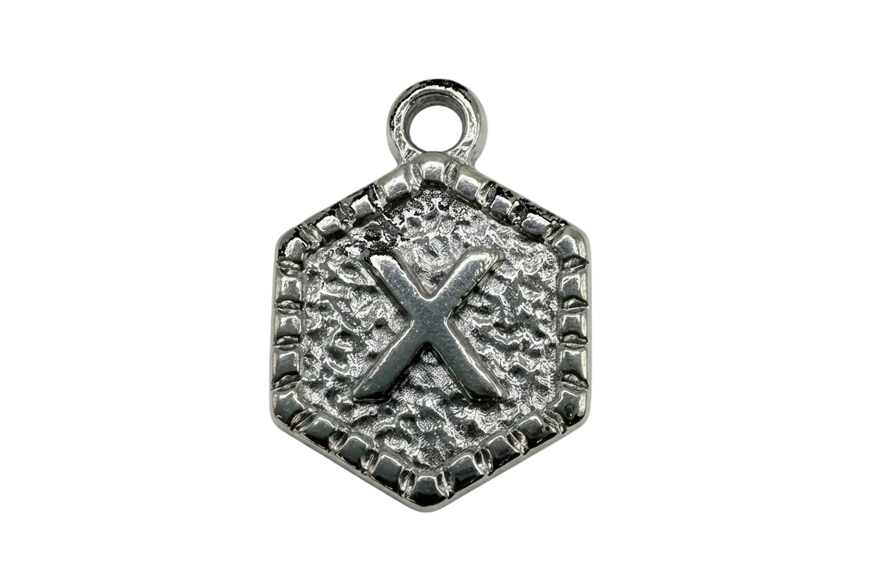 Antiqued silver-tone textured tile with raised letter X and beaded border