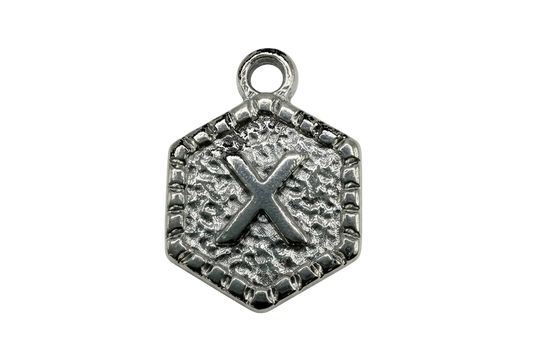Antiqued silver-tone textured tile with raised letter X and beaded border
