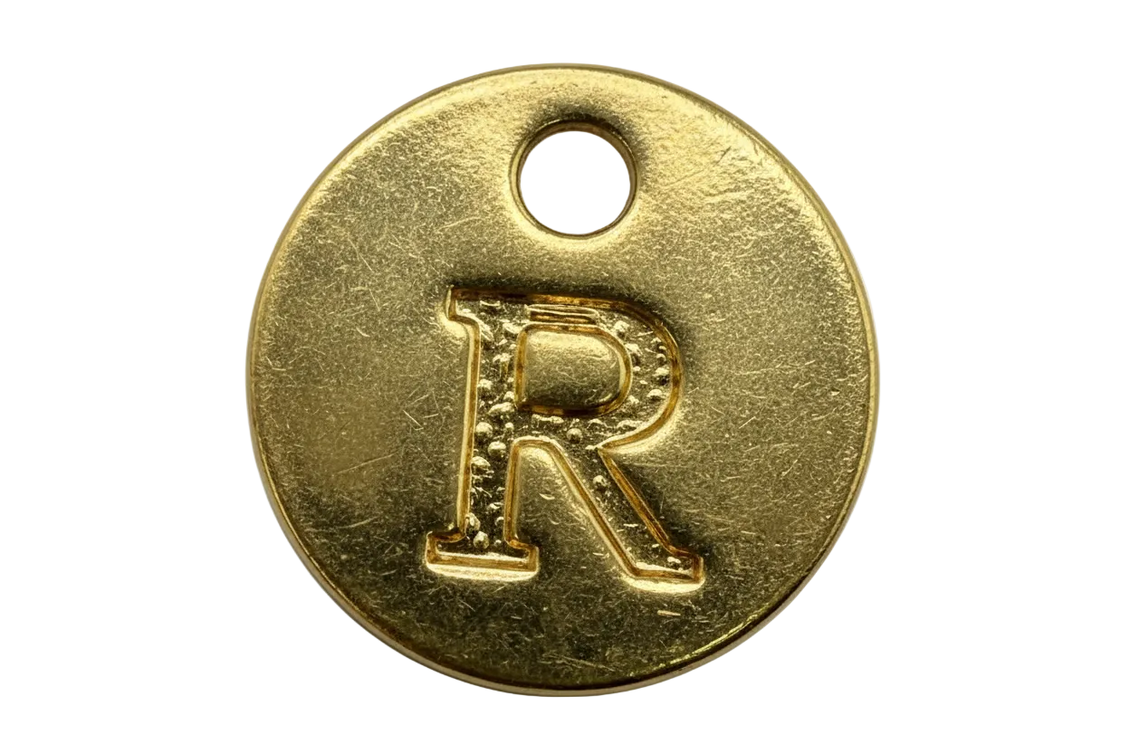 Round gold disc with raised serif letter R