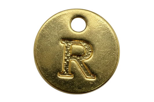 Round gold disc with raised serif letter R