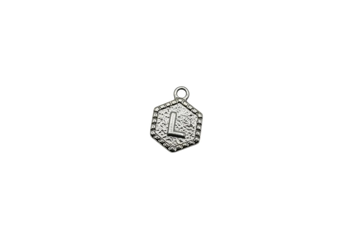 Hexagon initial L medallion in silver-tone metal