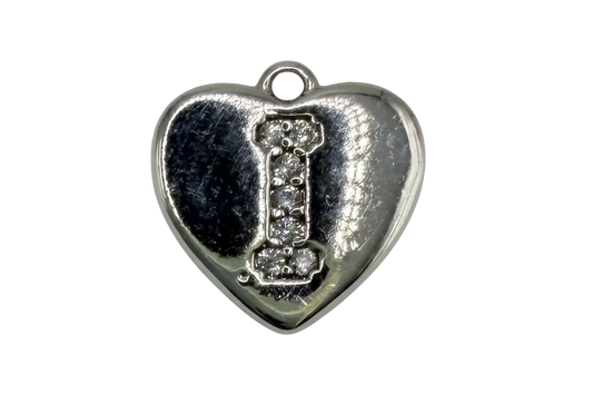 Polished silver heart with pavé initial I in clear crystals
