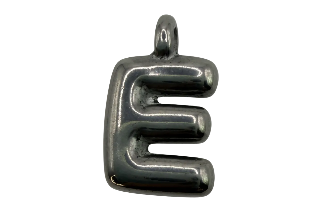 Glossy puffy letter E initial in high-shine silver metal