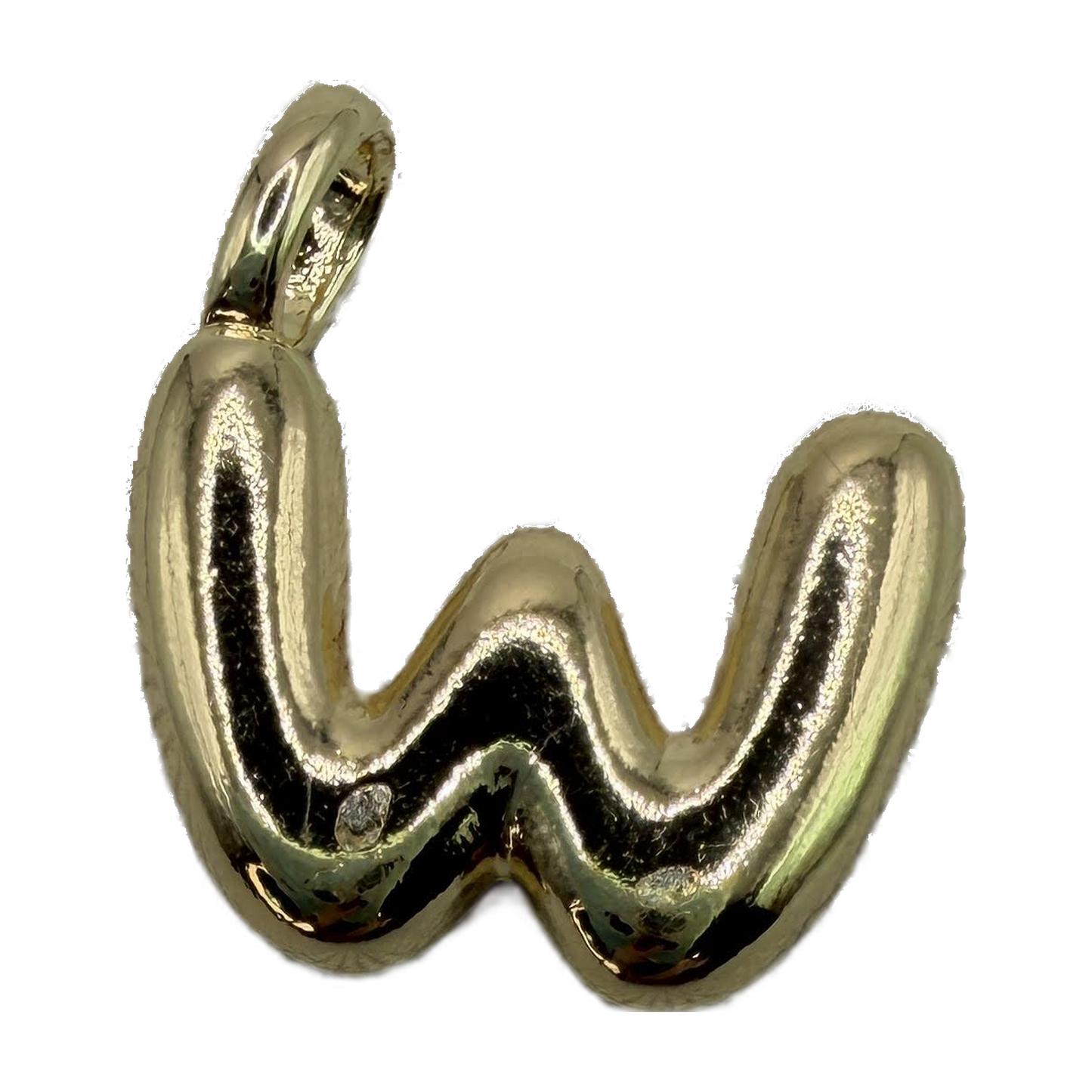 Polished gold letter W initial with a small clear gem accent