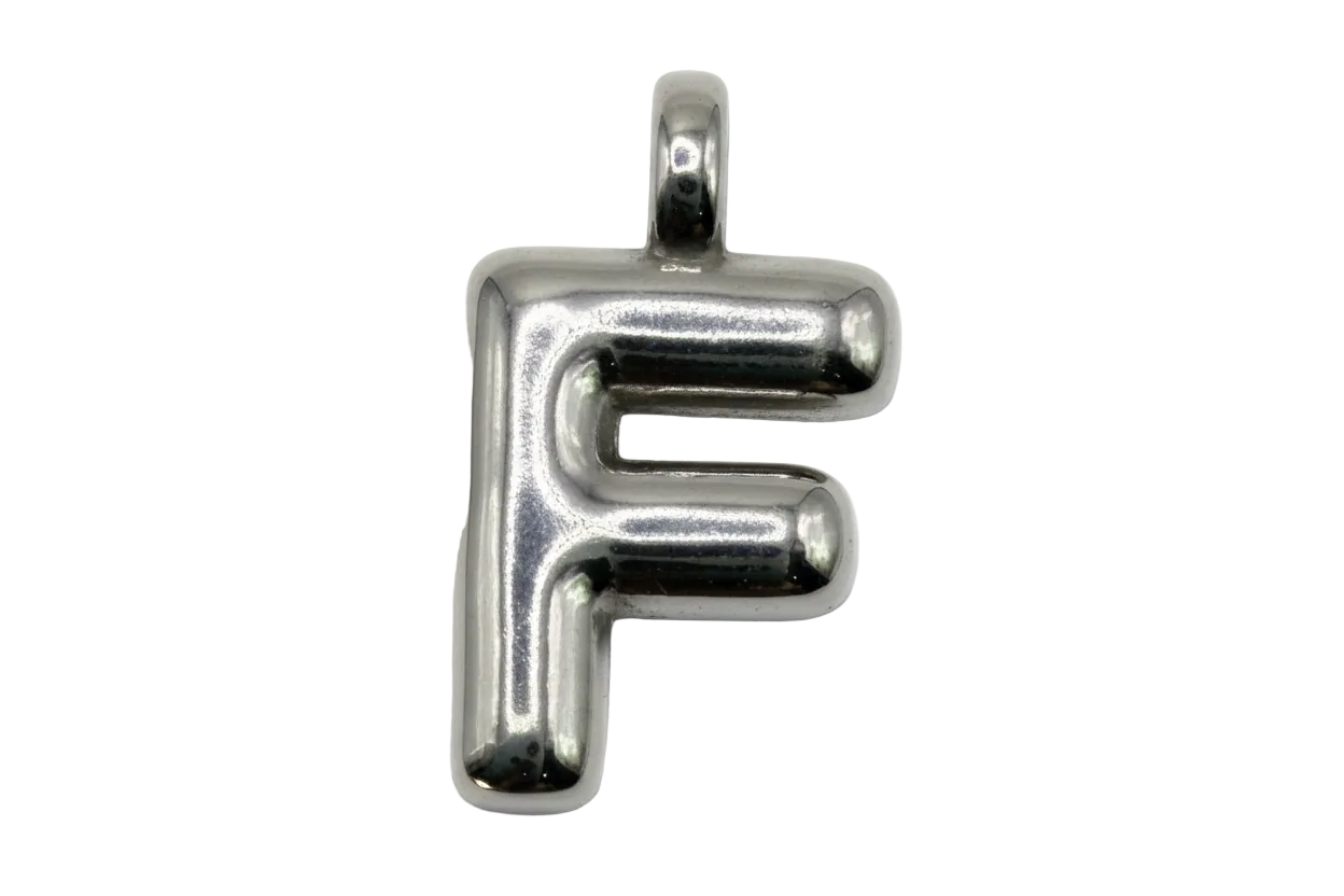 Puffed silver letter F initial charm with mirror-polished finish