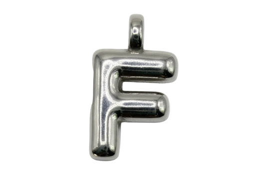 Puffed silver letter F initial charm with mirror-polished finish